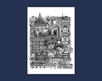 PARIJS Kaart gedrukt in zwart-wit Illustratie van de stad
