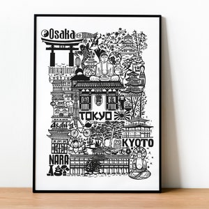 Japan | Black and White Poster | Zen Architecture Illustration | Travel Wall Art | Japanese Home Decor Gift