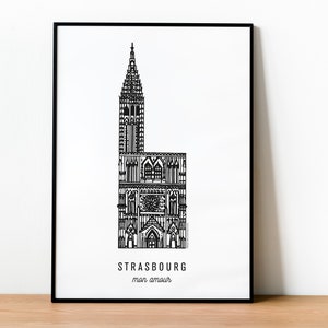 STRASBOURG La Cathédrale Affiche en noir et blanc Illustration de la ville A4 : 21 x 29,7 cm