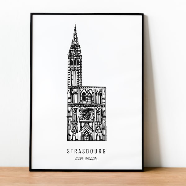 STRASSBURG Die Kathedrale Schwarz-Weiß-Poster Stadtillustration