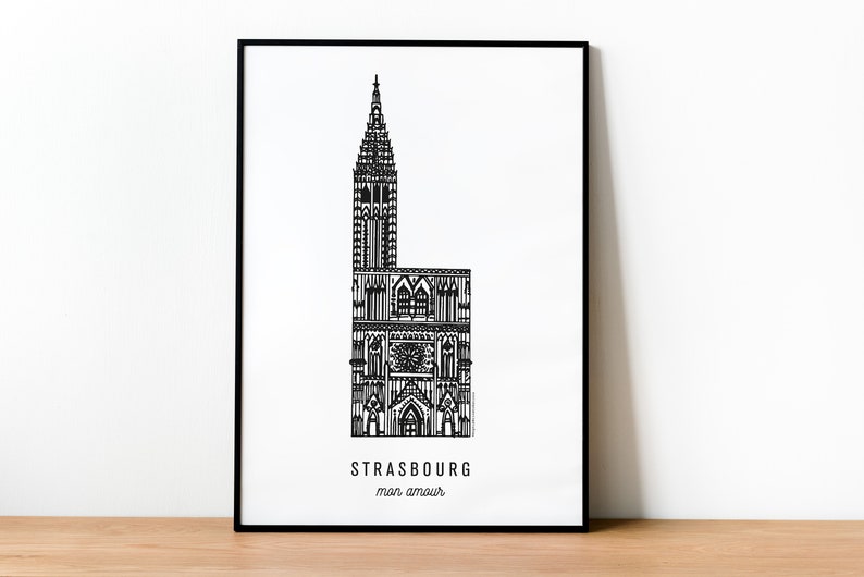 STRASBOURG La Cathédrale Affiche en noir et blanc Illustration de la ville A4 : 21 x 29,7 cm