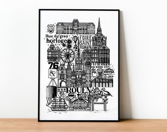 Puede incluir: Una lámina artística en blanco y negro dentro de un marco negro fino con una detallada ilustración a tinta de Rouen, Francia. El diseño incluye monumentos, una noria, un barco y el texto Rue du gros horloge, Foire Saint Romain, 76 y Rouen.