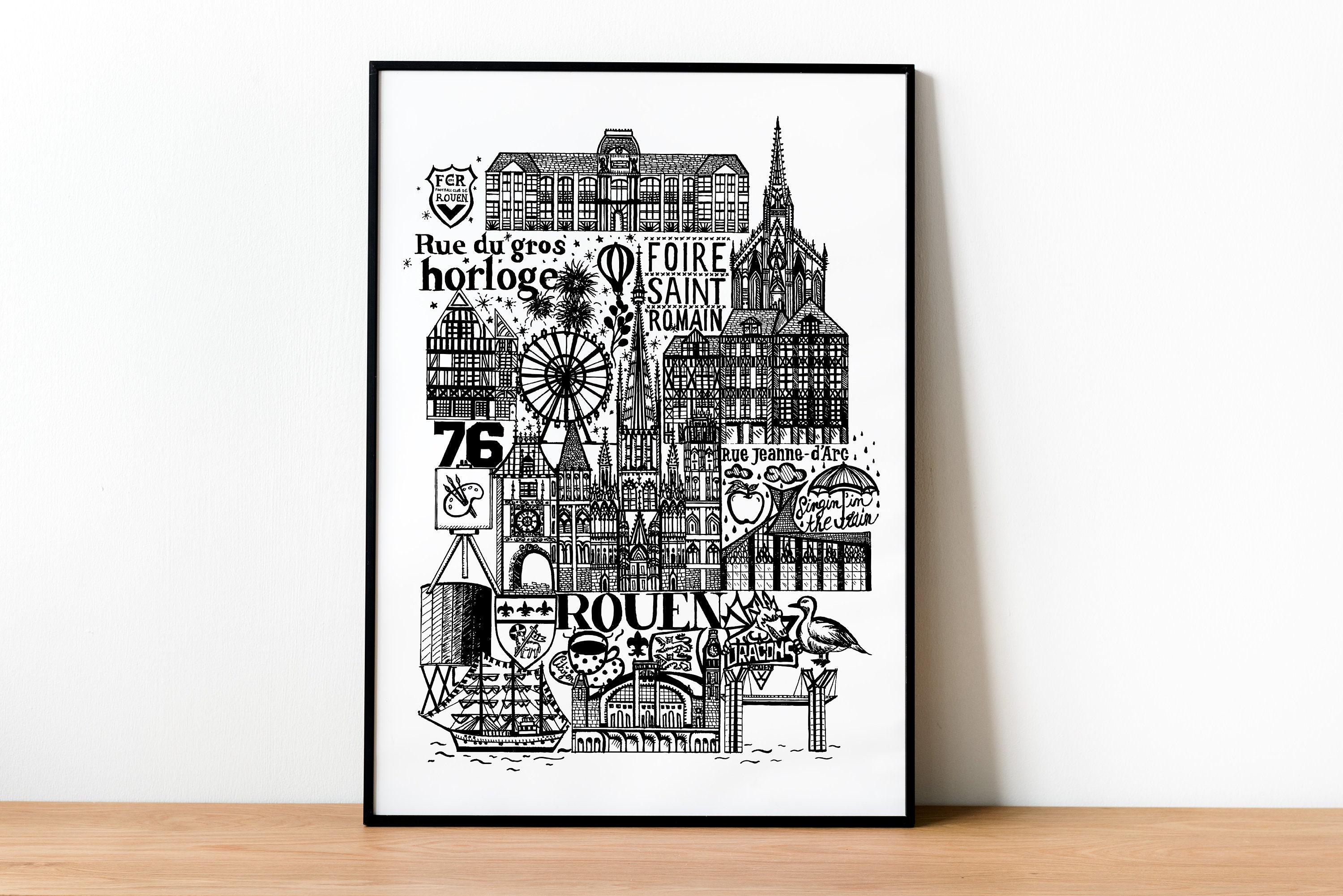 ROUEN Affiche en noir et blanc Illustration de la ville -  France