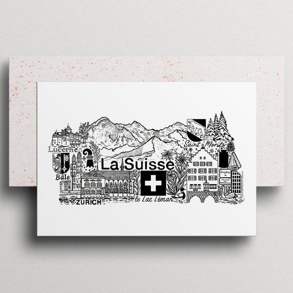 LA SUISSE   Carte imprimée en noir et blanc   Illustration du pays