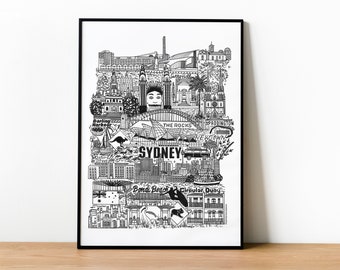 Sydney | Black and White Poster | Modern Architecture Illustration | Travel Wall Art | Australia Home Decor Gift