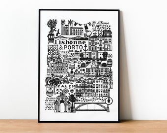 May include: A black and white framed art print featuring a detailed illustration of Lisbon and Porto landmarks, including the text "Lisbonne & Porto", "Alfama", "Casa da Música", "Ribeira", "Calem", and "Pastéis de nata" with various city icons.