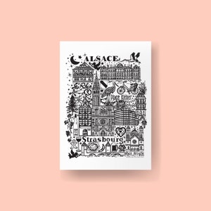 STRASBOURG   Carte imprimée en noir et blanc   Illustration de voyage