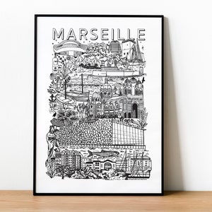 VUE DE MARSEILLE   Affiche en noir et blanc   Illustration de la ville