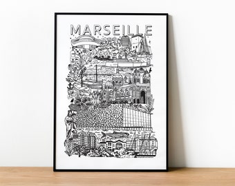 VUE DE MARSEILLE   Affiche en noir et blanc   Illustration de la ville