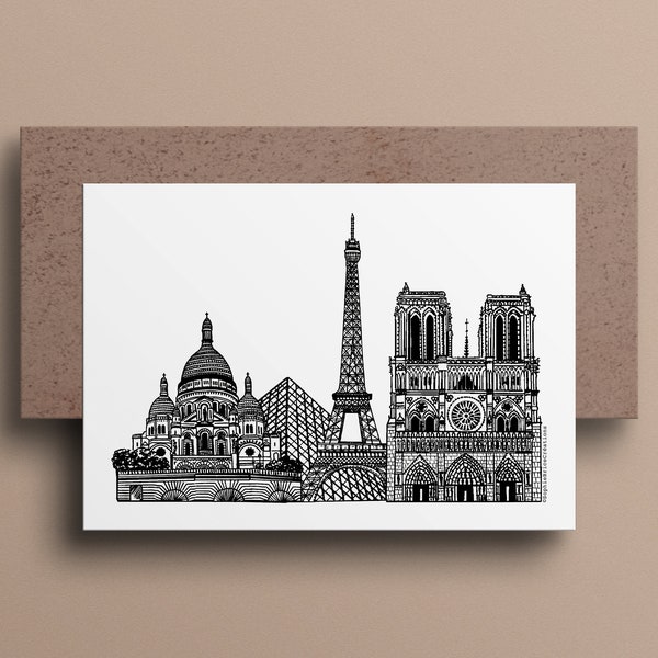 MONUMENTS PARISIENS   Carte imprimée en noir et blanc   Illustration de quelques monuments parisiens