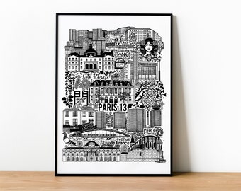 PARIS 13 Poster in zwart-wit Illustratie van de wijk