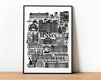 RENNES   Affiche en noir et blanc   Illustration de ville