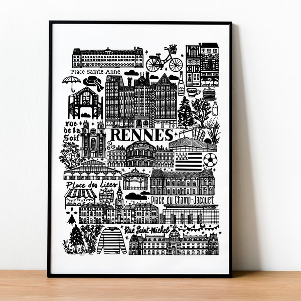 RENNES   Affiche en noir et blanc   Illustration de ville