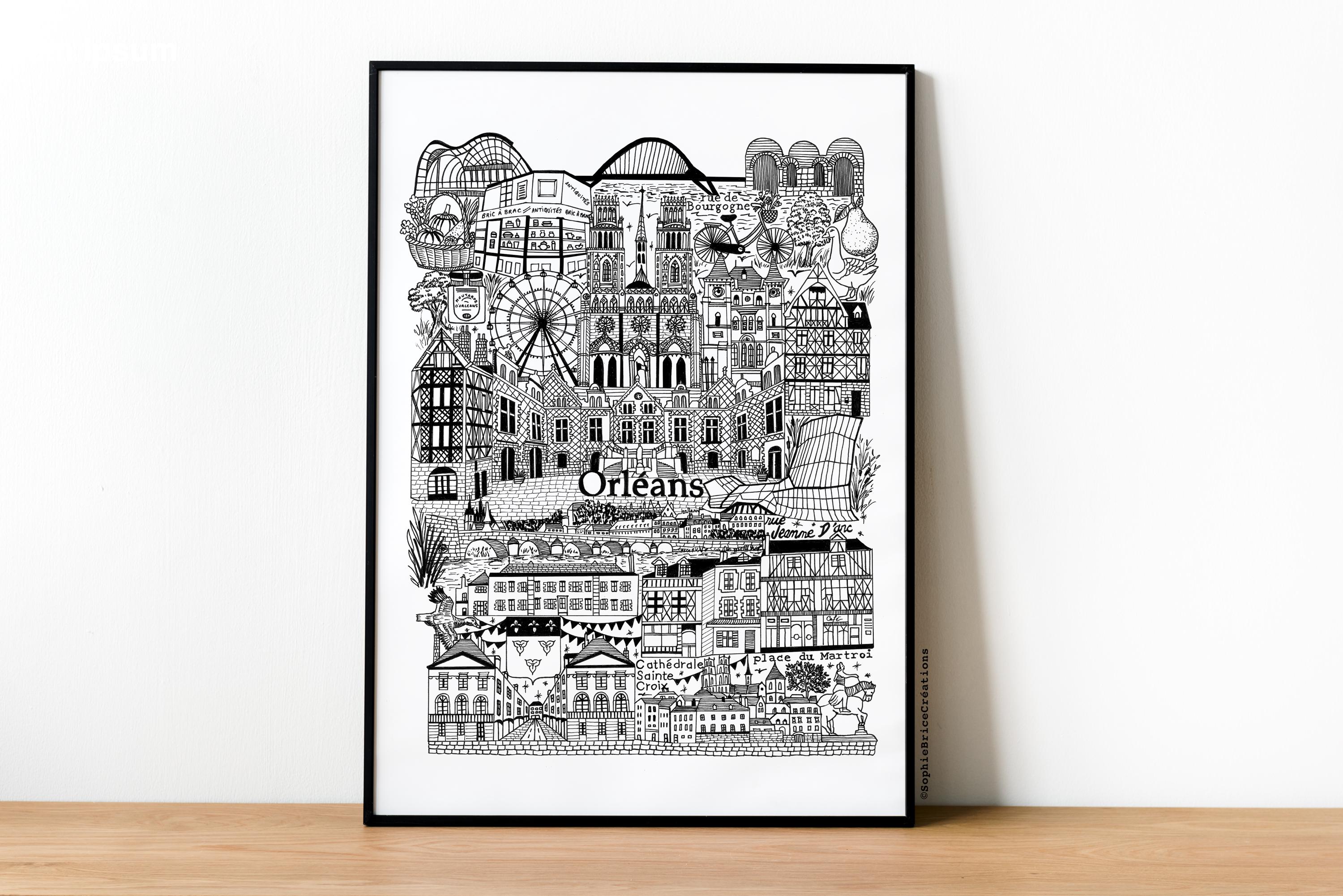 Orléans * Illustration Print * Black and White Wall Art * Architectural Poster * Travel Decor * A5 A4 A3