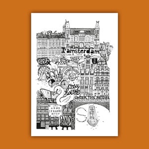 AMSTERDAM   Carte imprimée en noir et blanc   Illustration de voyage