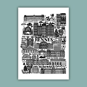 RENNES Karte in Schwarzweiß gedruckt Illustration der Stadt