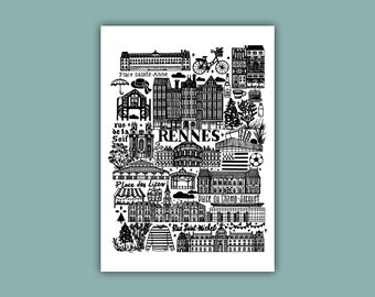 RENNES   Carte imprimée en noir et blanc   Illustration de la ville
