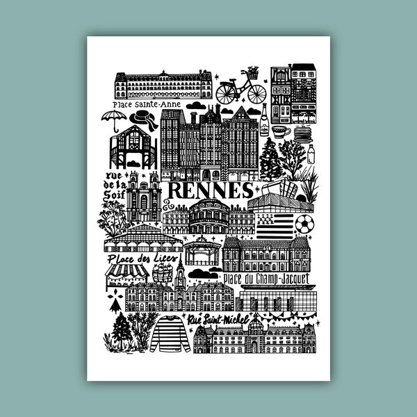 RENNES Karte gedruckt in schwarz-weiß Illustration der Stadt