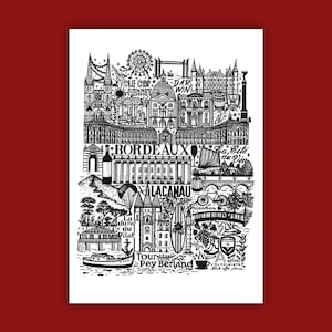 BORDEAUX   Carte imprimée en noir et blanc   Illustration de la ville