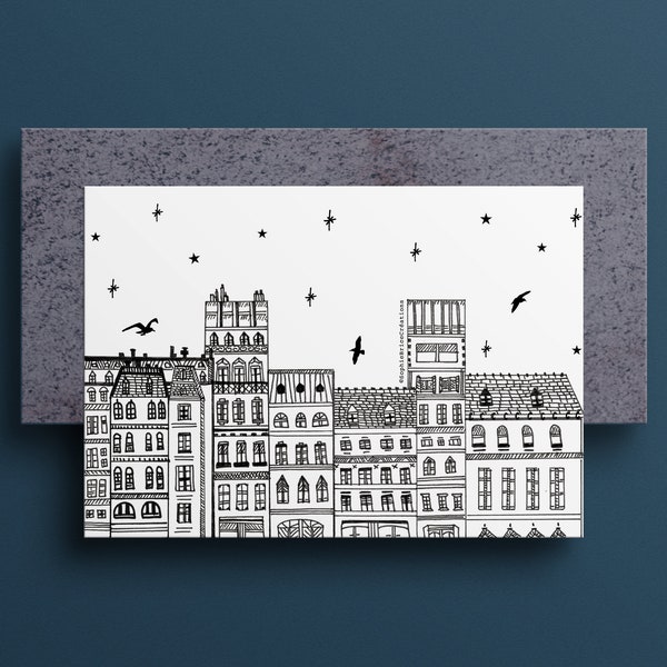 IMMEUBLES PARISIENS   Carte imprimée en noir et blanc   Illustration de quelques bâtiments parisiens sur Seine