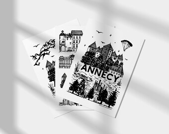PACK ANNECY   Cartes imprimées en noir et blanc   Illustration de voyage à Annecy