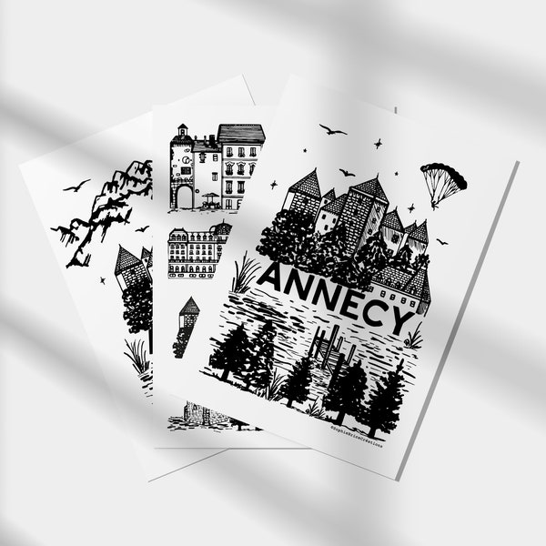 PACK ANNECY   Cartes imprimées en noir et blanc   Illustration de voyage à Annecy