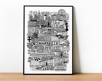 MARSEILLE   Affiche en noir et blanc   Illustration de la ville