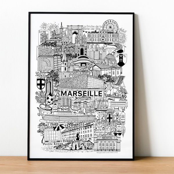 MARSEILLE   Affiche en noir et blanc   Illustration de la ville