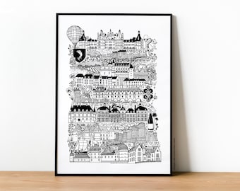 Loire Valley Castles | Black and White Poster | Heritage Architecture Illustration | Travel Wall Art | French Home Decor Gift