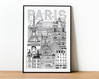 VUE DE PARIS   Affiche en noir et blanc   Illustration de la ville