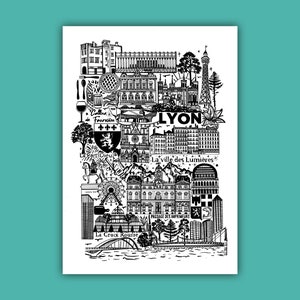 LYON   Carte imprimée en noir et blanc   Illustration de voyage