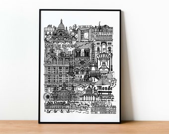 Paris Wall Art Print, Paris Travel Poster, Paris Architecture Illustration, French City Decor, Black and White Paris Print, Paris Gift