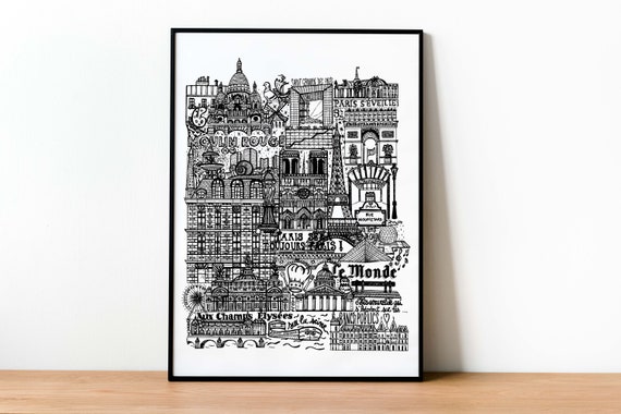 PARIS Affiche en noir et blanc Illustration de la ville -  France