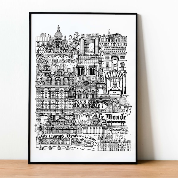 PARIS   Affiche en noir et blanc   Illustration de la ville