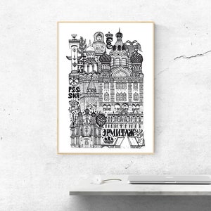 SAINT-PETERSBOURG XL  Affiche en noir et blanc   Illustration de ville