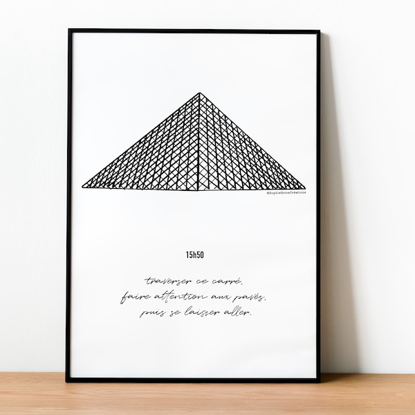 LE LOUVRE  Affiche en noir et blanc   Illustration de la pyramide
