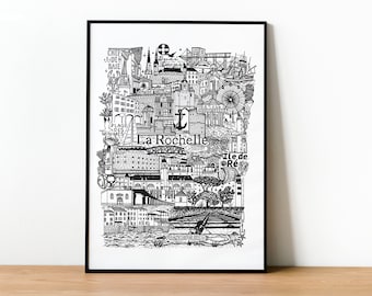 LA ROCHELLE Poster in black and white Illustration of the city