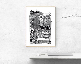 NEW YORK XL Poster in black and white Illustration of the city