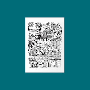 ANNECY   Carte imprimée en noir et blanc   Illustration de voyage