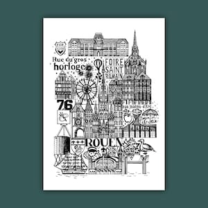 ROUEN   Carte imprimée en noir et blanc   Illustration de la ville