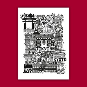 JAPON   Carte imprimée en noir et blanc   Illustration de voyage entre Tokyo et Kyoto