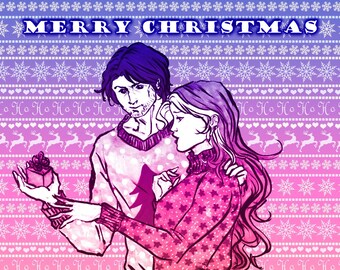 Rogue and Gambit pink & purple Christmas card