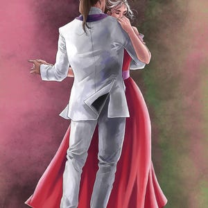 Pode incluir: Ilustração de um casal dançando, visto por trás. O homem usa um terno branco com um cachecol roxo, e a mulher um vestido vermelho. O fundo tem um gradiente rosa e verde.