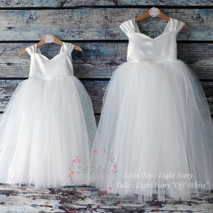 ivory flower girl dresses, flower girl dress, wedding dress baby, satin top tulle dress, off-white, champagne blush flower girl dress