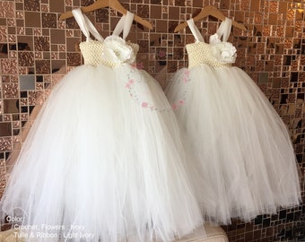 Customized Tulle Tutu Dress, Ivory Flower Girl Dress, Tulle Wedding Dress, Shabby Chic Flower Dress, Birthday Girl Dress, Toddler Tutu Dress