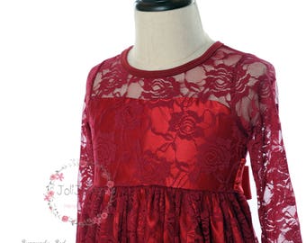 Lace Girl Dress, Flower Girl Dress, Flower Girl Lace Dresses, Long Sleeve Dress, Burgundy Dress, Burgundy Lace Dress, Christmas Dress