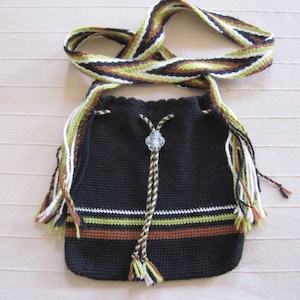 Black Crocheted Wool Bag with Finger Woven Wool Strap