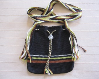 Black Crocheted Wool Bag with Finger Woven Wool Strap
