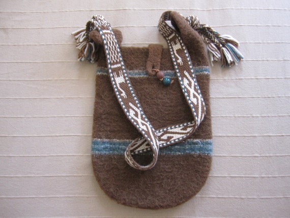 Brown Knit Felted Bag with Card Woven Strap