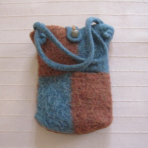 Brown and Teal Checkerboard Knit Felted Bag, Casual Knit Felted Handbag, Wool Shoulder Bag